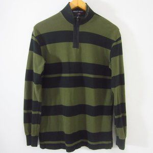 Polo Sport Ralph Lauren Mens S Olive Green Striped LS 1/4 Zip Cotton Polo Shirt